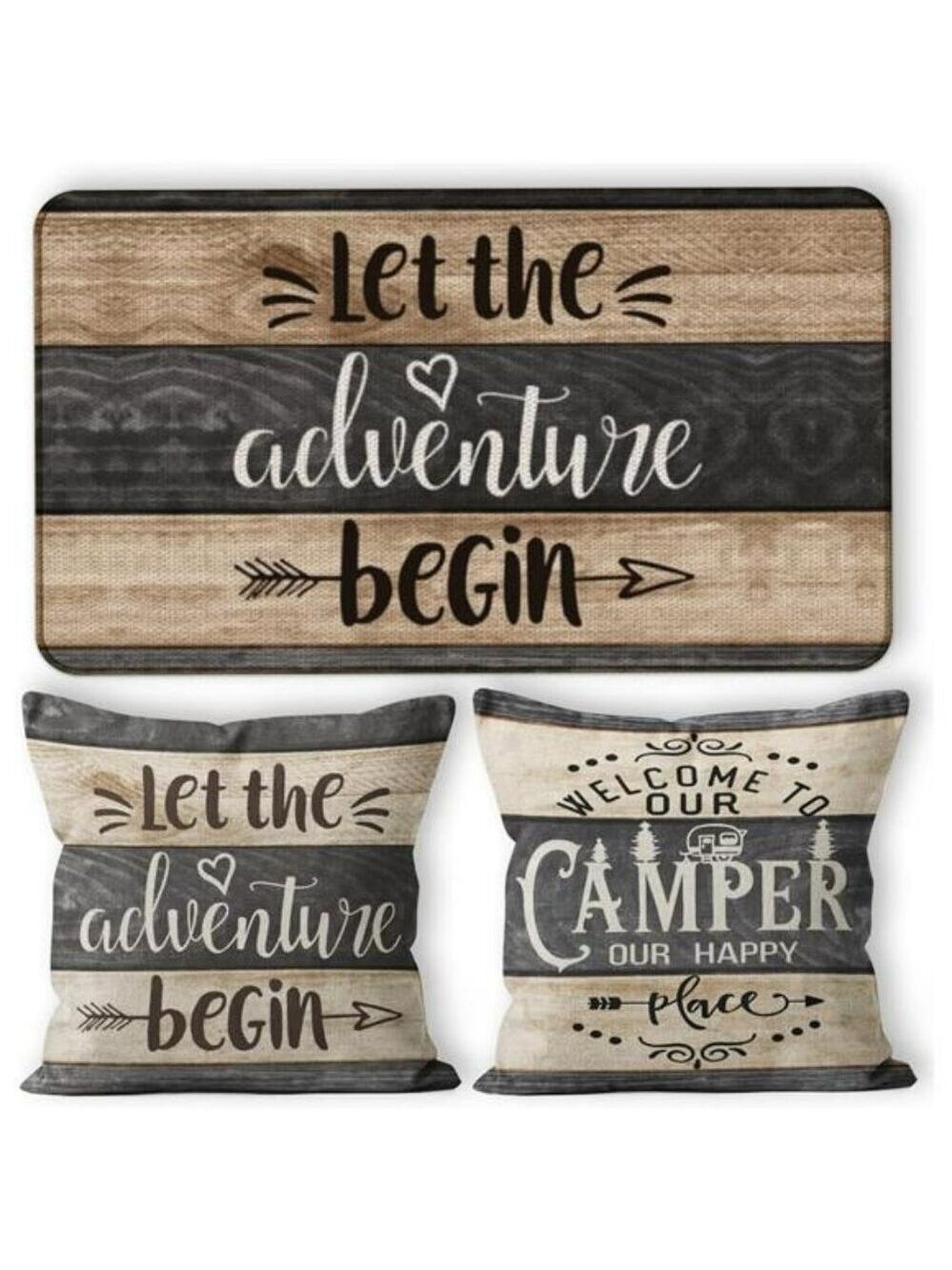 Camper Decor Set Door Mat 30x17 with 2 Pillow Covers 18x18 RV Adventure Begin
